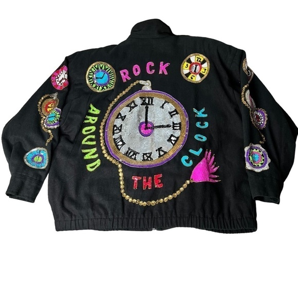 VINTAGE MODI DENIM Black Sequined Time Flies Jacket Coat Women's M 8-10 - Picture 14 of 17